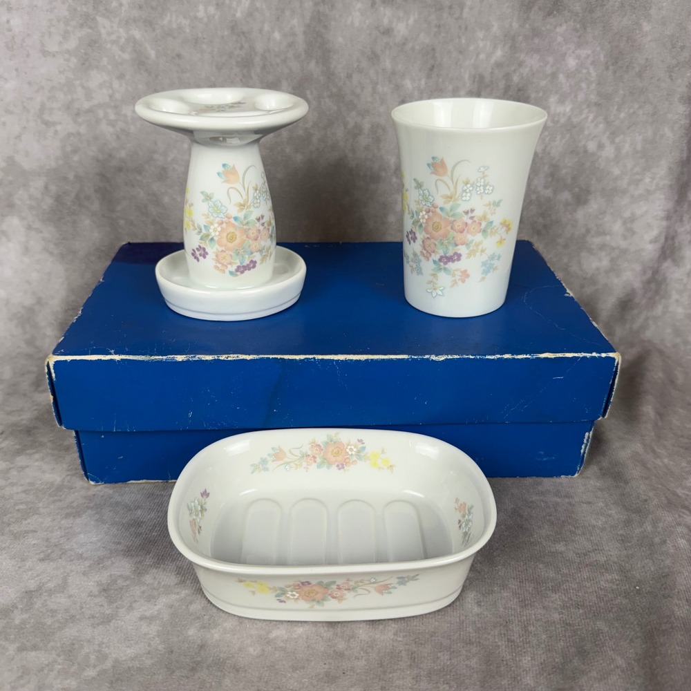 Vtg Takahashi SACHET Floral Porcelain Bathroom Vanity 3pc‎ Set Japan Cottage NIB